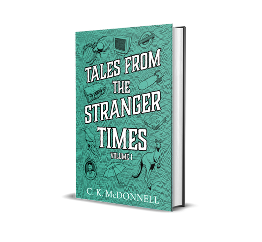 Book titled 'Tales from the Stranger Times' with illustrations on a green background